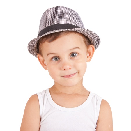 Cool stylish little boy in a hat  Isolated on white backgroundの写真素材