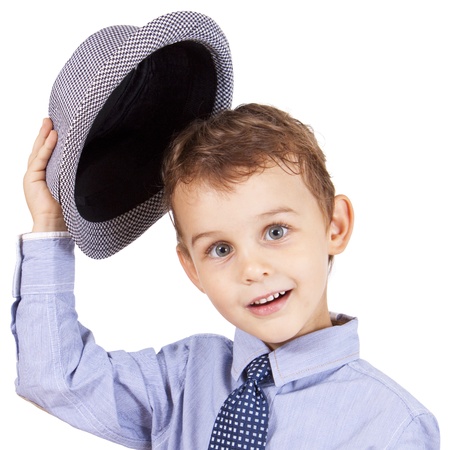 Greeting cool pretty stylish little boy isolated on white background  Clipping paths included  の写真素材