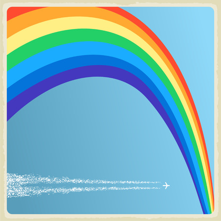 Vintage background with plane and  rainbow. Vectorのイラスト素材