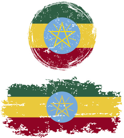 Ethiopian round and square grunge flags. Vector illustration. Grunge effect can be cleaned easily.のイラスト素材