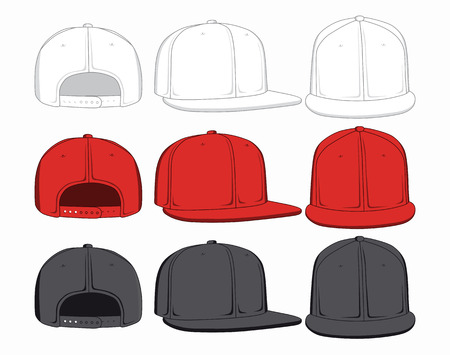 Set of baseball caps, front, back and side view. Vector illustration.のイラスト素材
