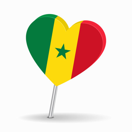 Senegalese flag heart-shaped map pointer layout. Vector illustration.のイラスト素材