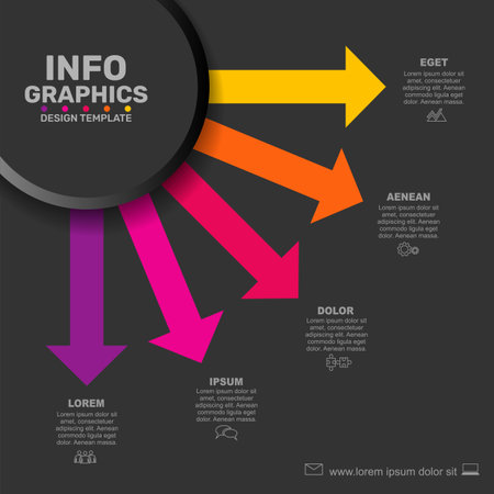 Colorful arrows with icons and text radiate from a central circle, ideal for business or infographic presentations. Vector illustration.のイラスト素材