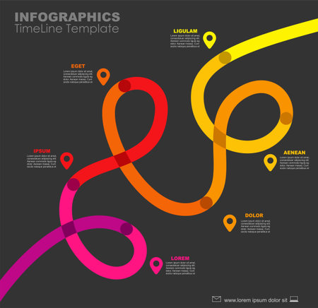 Colorful winding timeline infographic with icons and text boxes for process visualization, planning, or presentation use. Vector illustration.のイラスト素材