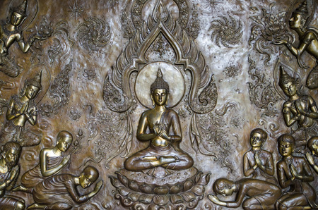 Buddha art adorn the wallsの写真素材