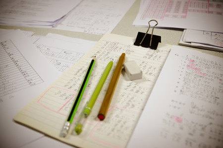 School supplies on  desk, in japanese classの写真素材