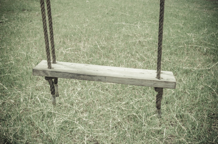 Old wooden tree swing with green grass backgroundの写真素材