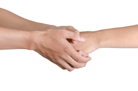 Shaking hands of two male people, isolated on white