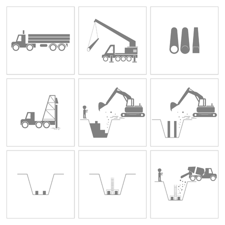 Method statement of construction pile driving and foundation work icons, Vector, Illustrationのイラスト素材