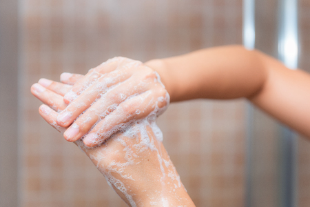 Close up of washing hands, cleaning handsの写真素材