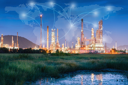 Landscape of oil refinery plant at twilight scene with work map and connection network.の写真素材
