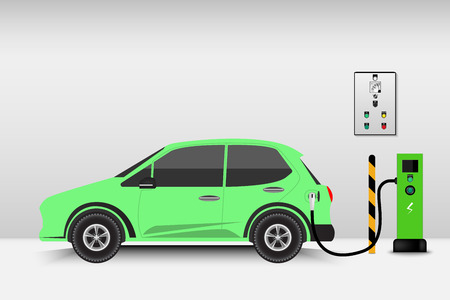 Electric car and charging station point.  Technology EV, Automobile concept. Vector illustration.のイラスト素材