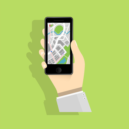 Mobile phone flat design and map application, hand holding concept., Technology evolution.の写真素材