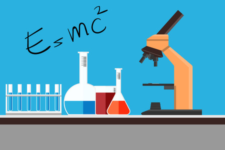 Chemical scientists equipment flat design and  workspace concept., Laboratory lab scene, Vector illustration.のイラスト素材