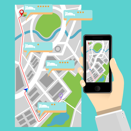 Mobile phone flat design and map application, hand holding concept., Technology evolution.のイラスト素材