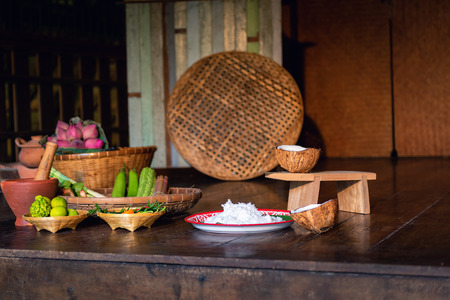 Thai raw ingredients vegetables for Thai food.,Thai vintage style.の写真素材