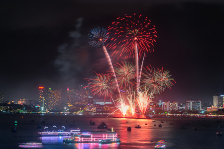 Pattaya fireworks on the beach, Cityscape of Pattaya city.,Thailandの写真素材