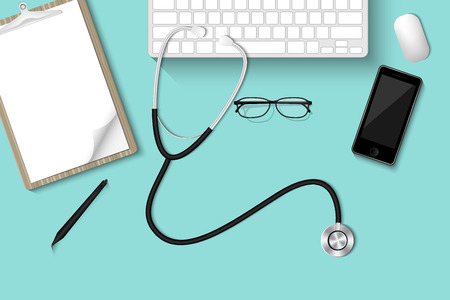 Doctorâs table desktop with personal equipment., Healthcare and occupation concept, Vector, Illustration.のイラスト素材