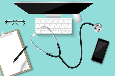 Doctorâs table desktop with personal equipment., Healthcare and occupation concept, Vector, Illustration.のイラスト素材