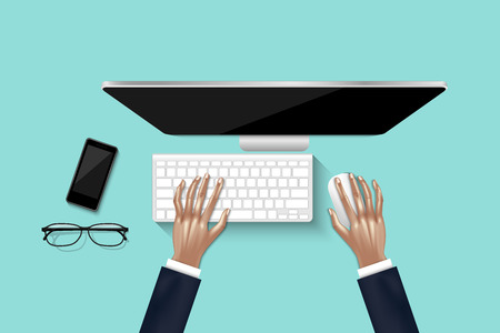 Top view/Overhead of businesswoman working on personal computer in office., Vector, Illustration design.のイラスト素材