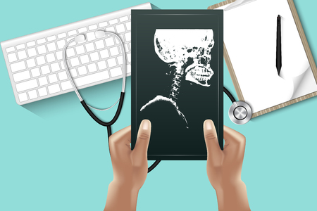 Doctor hands is holding X-Ray film for examining on table desktop with personal equipment., Healthcare and occupation concept, Vector, Illustration.のイラスト素材