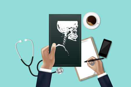 Doctor hand is holding patient X-ray film for physical examining while other hand is taking note data report., Workspace of medicine doctor with stethoscope, mobile phone, coffee cup on table top.のイラスト素材
