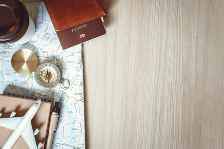 Travel explorer or vacation planning trip mockup top view., Tourist plan layout with personal accessories on table top., Holiday and adventure concept., Blogger copy space vintage.の写真素材