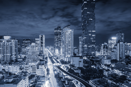 Business downtown and financial center of Bangkok, Thailand. Landmark and cityscape skyscraper buildings at night scene., Beautiful architecture landscape and metropolis city lifestyles of Bangkok.の写真素材