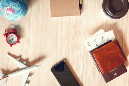 Travel Destination Explore Planning on Vacation Trip., Layout of Journey Accessory Holiday Scheduling in Summer. World Itinerary Lifestyle and Package Tour Concept. Copy Spaceの写真素材