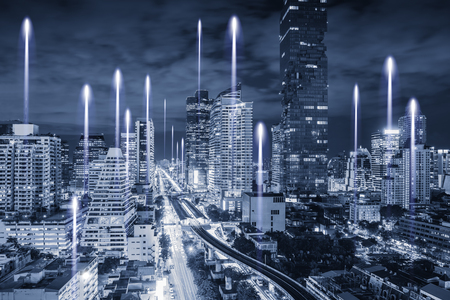 Bangkok Smart City and Telecommunication Big Data Network, Landscape of Urban Cityscape and Business Financial Center of Thailand. Technology Communications Concept.の写真素材