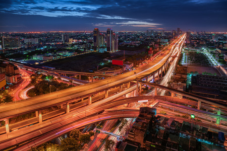 Street Junction and Express Way of Bangkok, Thailand. Landmark and Cityscape Skyscraper Buildings at Night Scene., Beautiful Architecture Landscape and Metropolis City Lifestyles of Bangkok.の写真素材