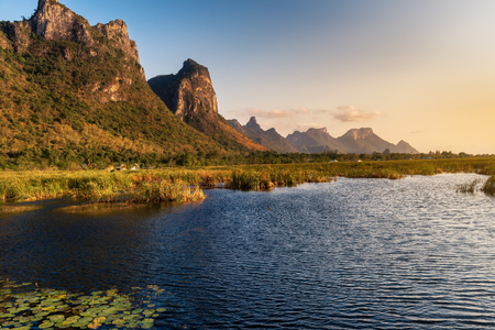 Landscape of Lotus Flowers Lake and Mountain Scenery at Sunset, Natural Countryside Background.の写真素材