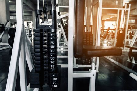 Weights Lifting Rack in Fitness Club., Bodybuilder Sport Equipment Barbell for Shoulders Muscle Exercising and Workout Machine in Gym Background., Leisure Activities and Sport Exercised Concept.の写真素材