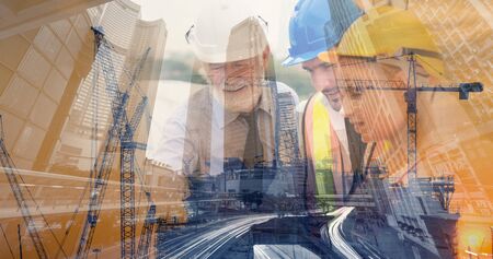 Business Construction Industry and Engineering Teamwork Concept, Businesspeople are Brainstorming Planning Together for Their Project at Construction Site. Engineer Professional Teams and Workplace.の写真素材