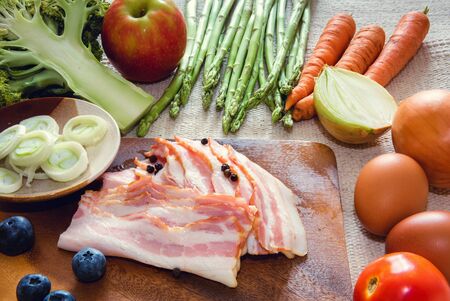 Healthy Nutrition Vegetable Food and Kitchen Cuisine Concept, Raw Ingredients Food and Mix Fruits for Cooking on The Table., Natural Nutrition for Heath, Preparation to Cooking.の写真素材