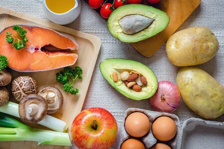 Natural Ingredient Vegetable Food With Mix Fruits for Healthy Meal, Raw Freshness Nature Vegetables Preparation for Cooking Food on a Table in Kitchen. Protein and Vitamins for Heath From Organic Farmの写真素材
