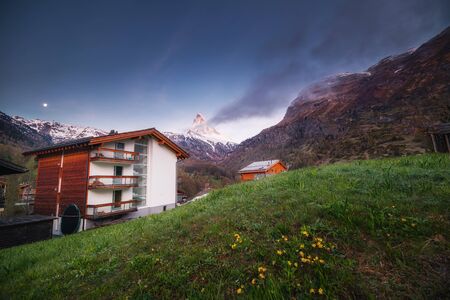 Matterhorn Mount Scenery Nature Over City Old Town of Zermatt, Switzerland., Cityscape of Countryside and Natural Mountain Range Alpine of Travel Destination in Swiss, Building/Landmark. Europe Travelの写真素材