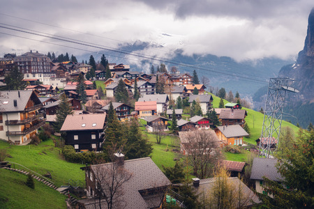 Landscape Scenic Aerial View From Cable Car to Schilthorn Peak at Lauterbrunnen City, Switzerland., Cityscape and Natural Scenery Hill of Swiss Alps, Travel Destination and Europe Vacation in Spring.のeditorial素材
