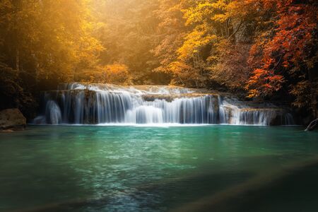Beautiful Nature Scenic of Waterfall in Autumn Season Forest, Amazing Colorful Natural Landscape Scenery of Water Falls in Tropical. Paradise Fall With Emerald Pool in Jungle, Travel Place/ Outdoorsの写真素材