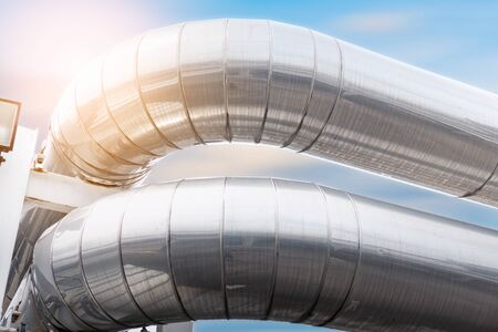 Air Chiller Pipeline and HVAC System of Department Store, Overhead Building Structure of Air Conditioning Chiller Pipe and Outlet Cooling Systems. Insulation Cover for Piping of Industrial Equipmentの写真素材