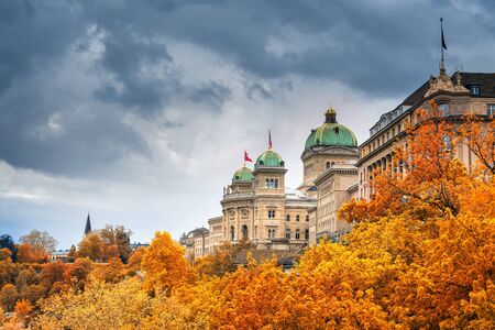 Cityscape Historical Architecture of Bern, Switzerland in Autumn., Capital City Landscape Scenery and Travel Destination in Swiss, History Building and Landmark. European Traditional of Architectural.の写真素材