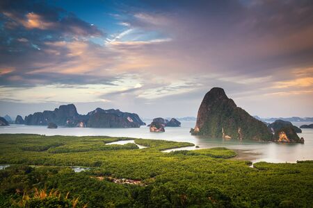 Natural Landscape Scenery View of Phang Nga Island at Sunset, Amazing Panorama Scenic of Nature Rainforest Andaman Sea. Beautiful Viewpoint and Travel Destination of Seashore Thailand.の写真素材