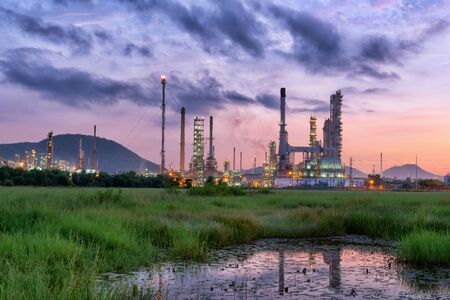 Landscape of Oil Refinery Plant and Manufacturing Petrochemical Process Building, Industry of Power Energy and Chemical Petroleum Product Factory. Natural Oil/Gas Commodity Industrialの写真素材