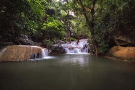 Beautiful Nature Scenic of Waterfall in Rainy Season Forest, Amazing Green Natural Landscape Scenery of Water Falls in Tropical. Paradise Fall With Emerald Pool in Jungle, Travel Place/ Outdoorsの写真素材