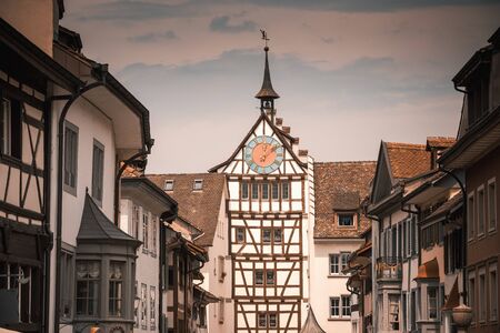 Historical of Architecture Cityscape and Antique Clock Tower at Stein Am Rhein City, Switzerland, Art Medieval and Traditional Architectural Feature of Swiss, Travel Destination of Europe.のeditorial素材