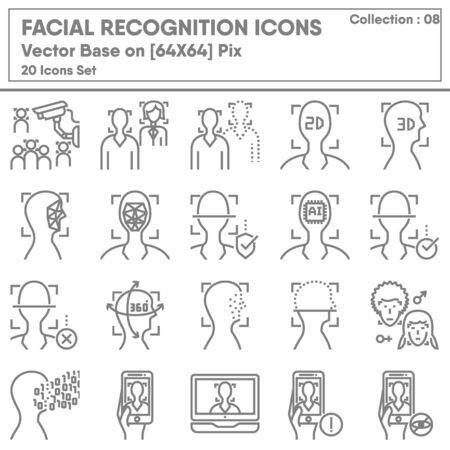 Facial Recognition and Technology Verification Icons Set, Icon Collection of Security Identify System. AI Detection and Human Face Scanning for Identification. Identity Facial Scanner, Illustrationのイラスト素材