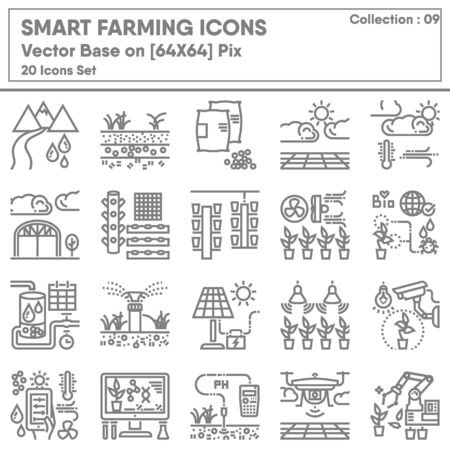 Smart Farming and Agricultural Technology Icons Set, Icon Collection of Intelligence Farm Monitor System. Business Cultivation Farming Control on Mobile and Computer. Illustration Designのイラスト素材