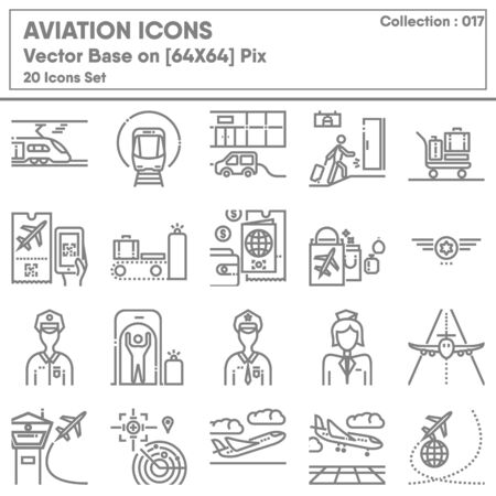 Transportation and Aviation Airport Icon Set, Icons Collection of Transport Airline for Business Travel Service. Infographic of Passenger Aircraft and Terminal, Vector Illustration Design.のイラスト素材