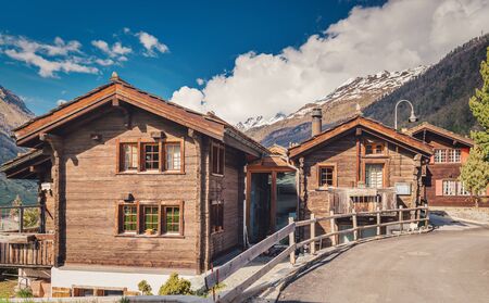 Landscape Scenery View Old Town Valley of Zermatt City, Switzerland. Cityscape Scenic of Traditional Architecture of Swiss Culture Against Mountain Alps. Travel Destination and Europe Vacation.の写真素材