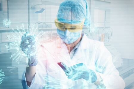 Scientist Chemistry Researcher Examination Chemical in Laboratory, Medical Science Technologist Studying Analysis and Experiment Coronavirus in Testing Lab. Double Exposure Health Care Conceptの写真素材